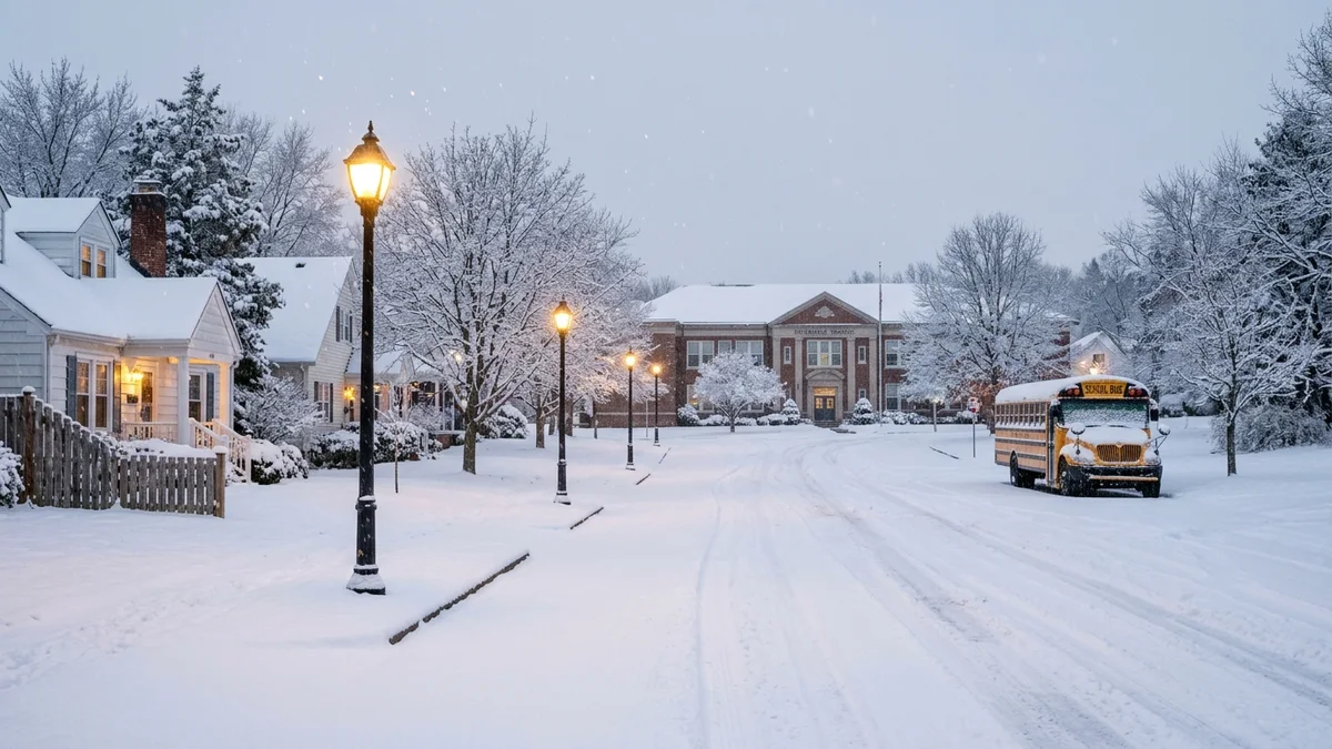 Snow Day Calculator predicting school closures during a severe winter snowfall with a school bus