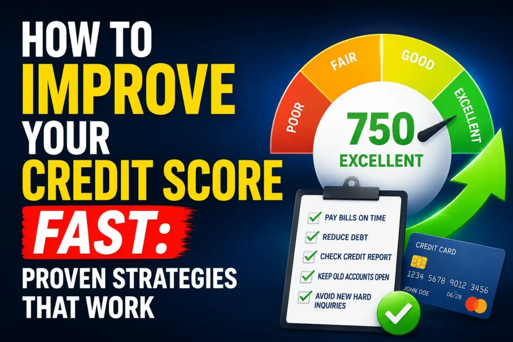 Feature image showing a credit score gauge, checklist, and credit card