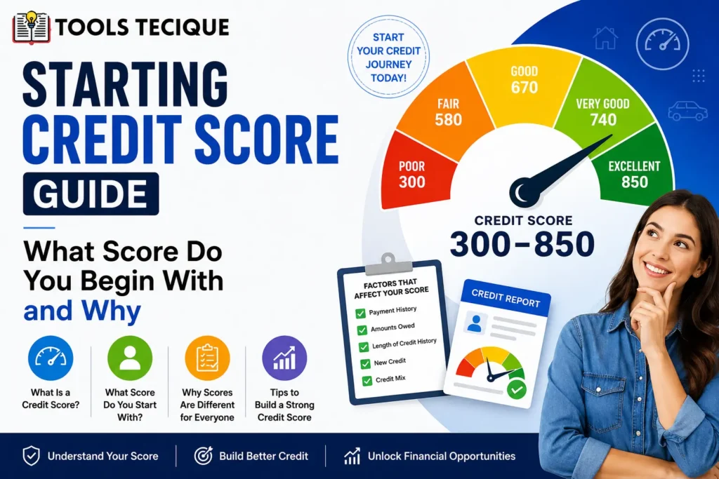 Starting Credit Score Guide explaining what credit score you begin with, how credit scores are calculated, and tips to build strong credit.
