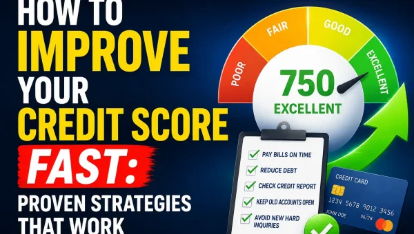 Feature image showing a credit score gauge, checklist, and credit card