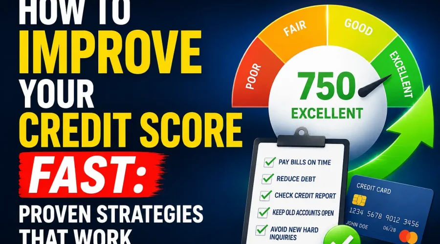 Feature image showing a credit score gauge, checklist, and credit card