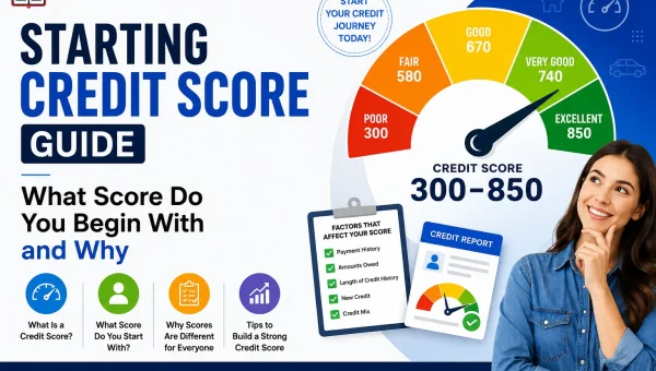 Starting Credit Score Guide explaining what credit score you begin with, how credit scores are calculated, and tips to build strong credit.