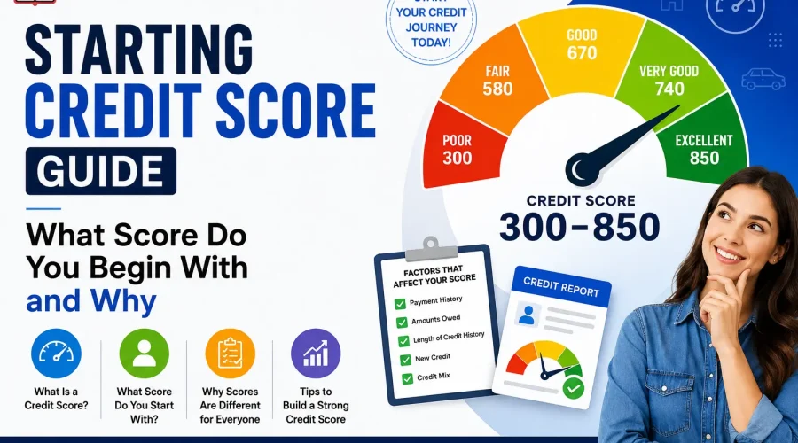 Starting Credit Score Guide explaining what credit score you begin with, how credit scores are calculated, and tips to build strong credit.